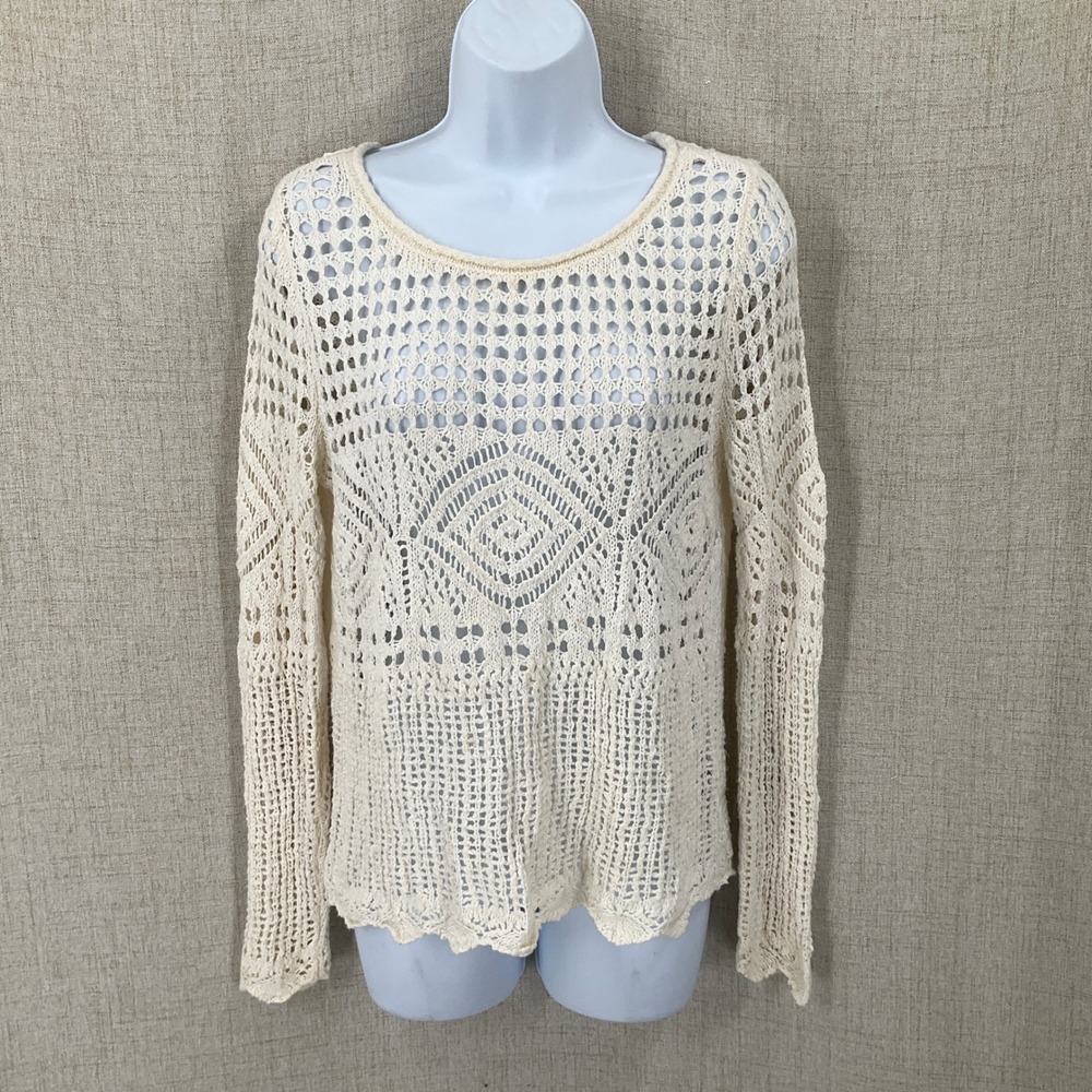 Hollister Sweater Women Medium Cream Crochet Open Knit Boho Coastal Cottagecore